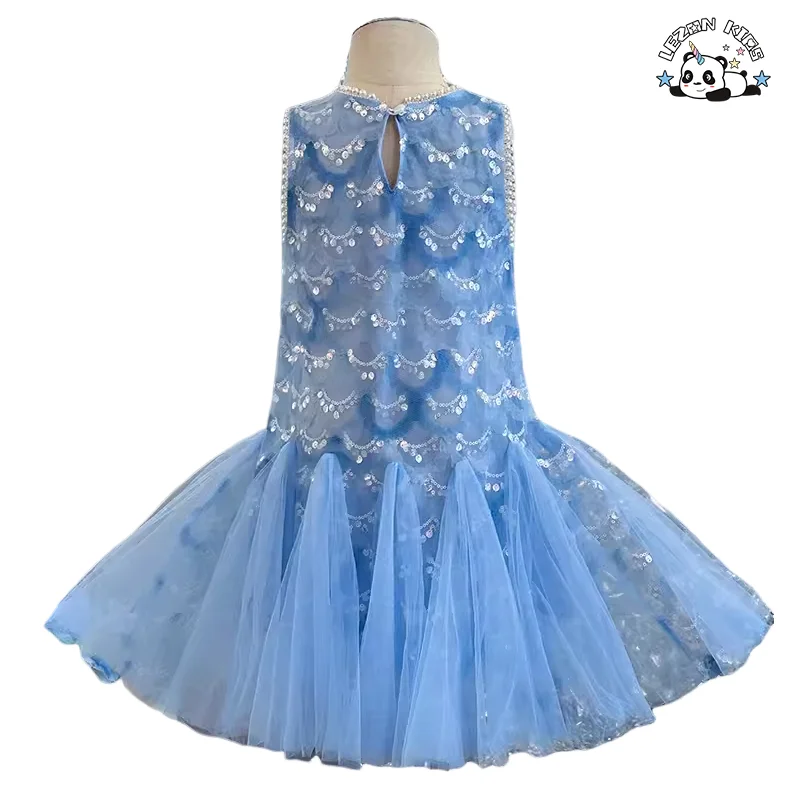 LEZONKIDS - Customizable New Summer Children's Party Sleeveless Sequined Mesh Dress Multi-layer Girls Dresses